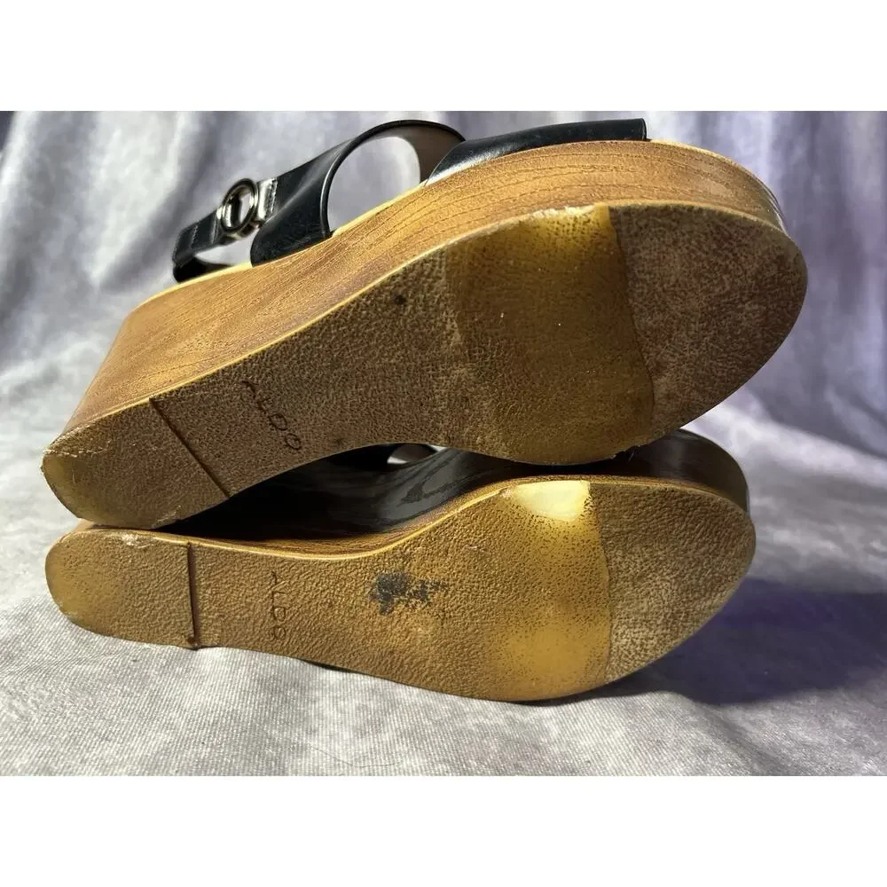 ALDO Women's Black Platform Wedge Sandals Size 8 / 8.5 Faux Wood Heel